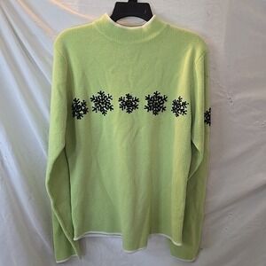 Obermeyer Signature Lime Green Wool Blend Mock Neck Sweater W/Snowflakes Ski XL